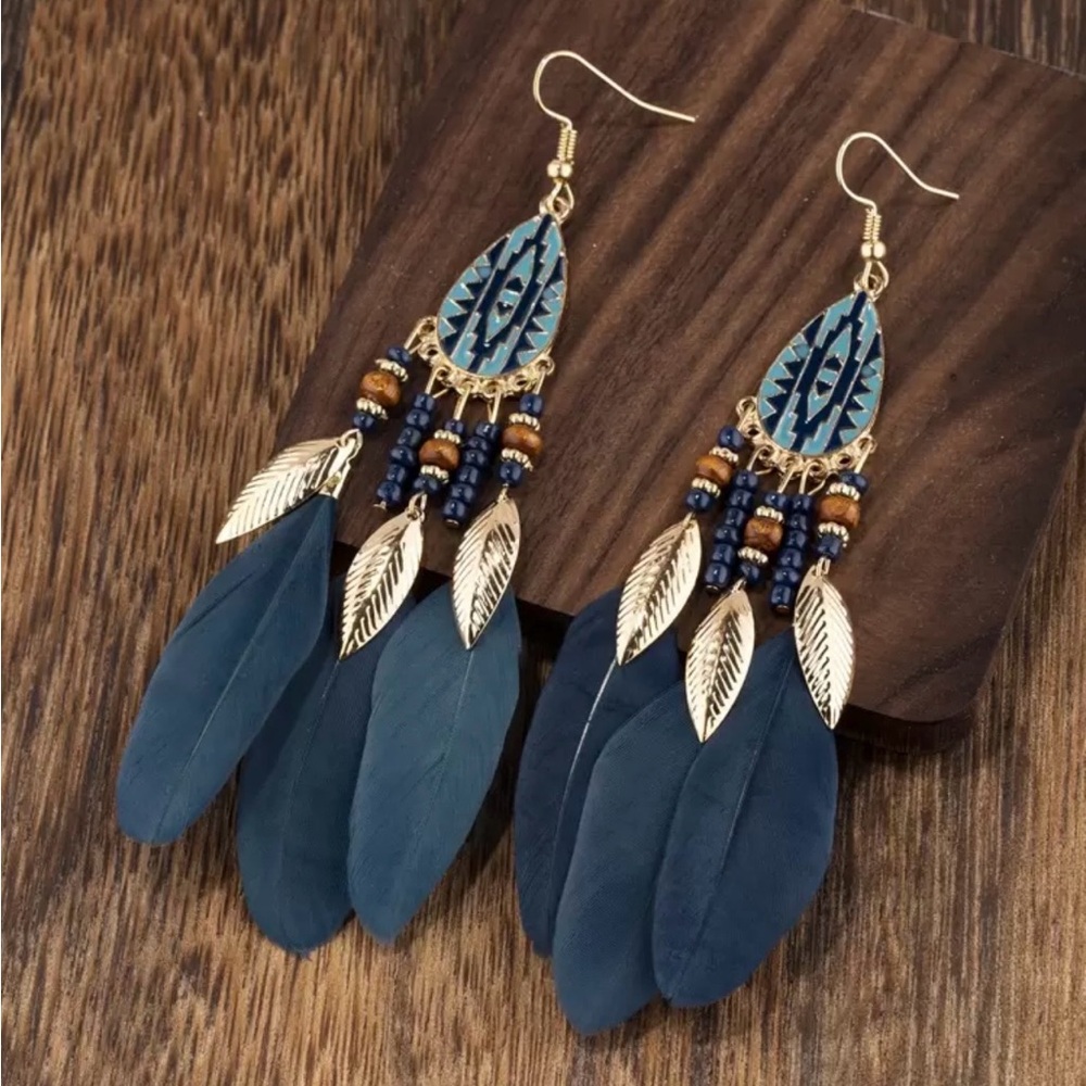 SHEIN Blue and Gold Feather Earrings